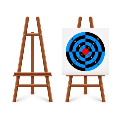 Ahşap sehpada atış poligonu. Kağıt hedef, bölümler, işaretler ve numaralar. Okçuluk, silah atışı ve eğitim, spor müsabakası, avcılık. Tam isabet ve nişan al. Vektör illüstrasyonu.