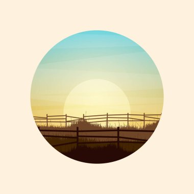 Çimenli ve eski ahşap çitli çayır siluetleri. Kırsal alan, panoramik yaz çimenliği kırsal alan otlar, yabani otlar. Tarım ve tarım. Doğada yaz günbatımı. Vektör illüstrasyonu.