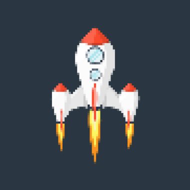 Piksel sanat roketi, ateşli patikaları, retro oyunları, uzay temalı tasarımları, uygulamaları veya animasyonları. Teknoloji, bilim kurgu ve fütüristik yaratıcı projeler için 8-bit stili. Vektör illüstrasyonu.