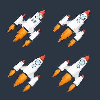 Pixel art rocket with fiery trails, retro games, space-themed designs, apps, or animations. 8-bit style for technology, sci-fi, and futuristic creative projects. Vector illustration. clipart