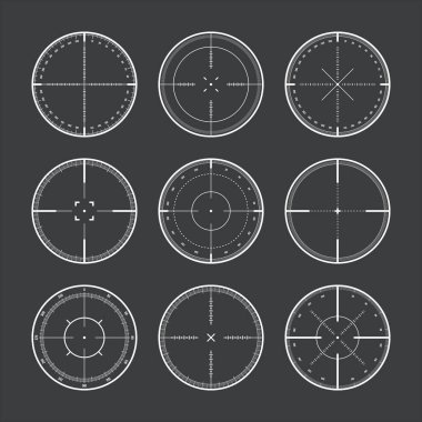 Derece ölçekli, optik dürbünlü çeşitli keskin nişancı tüfekleri. Avcı silahı dürbünü. Atış işareti, nişan al. Askeri hedef işareti. Oyun arayüzü UI ögesi. Vektör illüstrasyonu.
