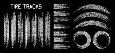 Grunge lastik izleri, tekerlek fren izleri. Kamyon, araba ya da motosiklet lastiği siluetleri. Araba yarışı, motor sporu, hız yarışı tasarım unsuru. Vektör illüstrasyonu.