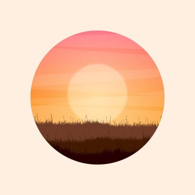 Çimenli ve eski ahşap çitli çayır siluetleri. Kırsal alan, panoramik yaz çimenliği kırsal alan otlar, yabani otlar. Tarım ve tarım. Doğada yaz günbatımı. Vektör illüstrasyonu.