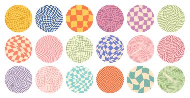 Dama desenli, yuvarlak renkli döşemeli. Klasik dalgalı eğimli arka plan, bozulma etkisi. Garip geometrik satranç tahtası dokusu, 90 'ların tarzında retro arka plan, y2k. Vektör illüstrasyonu.