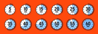 Kronometre simgeleri. Renkli basit kronometre, çevirmeli zaman sayacı. Geri sayım saatleri ve dakikaları gösteriyor. Son teslim tarihi, spor için ölçü. Yemek pişirme zamanı etiketi, çıkartma. Vektör illüstrasyonu.