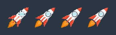 Piksel sanat roketi, ateşli patikaları, retro oyunları, uzay temalı tasarımları, uygulamaları veya animasyonları. Teknoloji, bilim kurgu ve fütüristik yaratıcı projeler için 8-bit stili. Vektör illüstrasyonu.