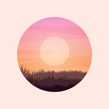 Çimenli ve eski ahşap çitli çayır siluetleri. Kırsal alan, panoramik yaz çimenliği kırsal alan otlar, yabani otlar. Tarım ve tarım. Doğada yaz günbatımı. Vektör illüstrasyonu.