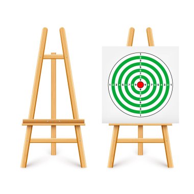 Ahşap sehpada atış poligonu. Kağıt hedef, bölümler, işaretler ve numaralar. Okçuluk, silah atışı ve eğitim, spor müsabakası, avcılık. Tam isabet ve nişan al. Vektör illüstrasyonu.