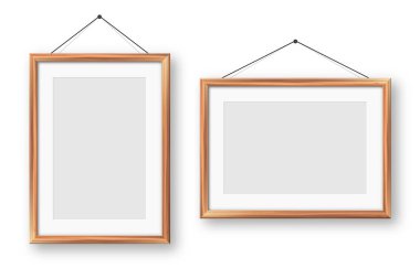Gerçekçi boş tahta çerçeve koleksiyonu. Sanat, fotoğraf ya da reklam için modern poster modeli. Sanat galerileri, iç dekorasyon ve markalaşma için mükemmel. Vektör illüstrasyonu.
