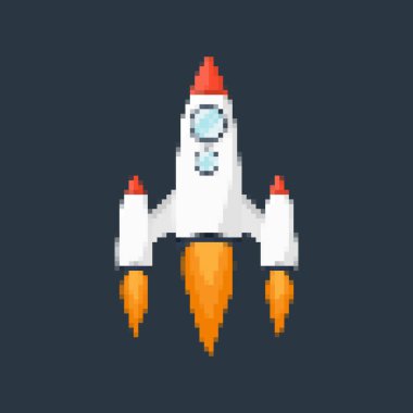 Piksel sanat roketi, ateşli patikaları, retro oyunları, uzay temalı tasarımları, uygulamaları veya animasyonları. Teknoloji, bilim kurgu ve fütüristik yaratıcı projeler için 8-bit stili. Vektör illüstrasyonu.