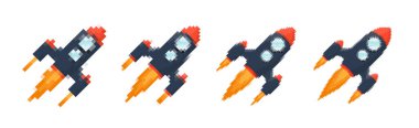 Piksel sanat roketi, ateşli patikaları, retro oyunları, uzay temalı tasarımları, uygulamaları veya animasyonları. Teknoloji, bilim kurgu ve fütüristik yaratıcı projeler için 8-bit stili. Vektör illüstrasyonu.