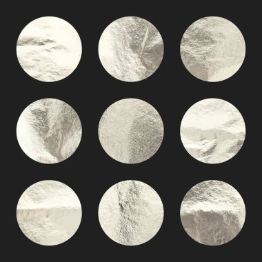 Gümüş folyo, parlak el yapımı daireler. Altın parıltılı doku, desen. Şatafatlı, parlak arka plan çizimi. Düğün, tebrik kartı dekorasyonu. Modern minimalist sanat. Vektör illüstrasyonu.