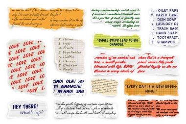 El yazısıyla yırtılmış kağıt şeritler. Yırtık kenarlı gerçekçi kağıt kırıntıları. Defter parçaları, kitap ya da eski gazete sayfaları. Son moda kolaj elementleri. Vektör illüstrasyonu.