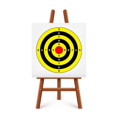 Ahşap sehpada atış poligonu. Kağıt hedef, bölümler, işaretler ve numaralar. Okçuluk, silah atışı ve eğitim, spor müsabakası, avcılık. Tam isabet ve nişan al. Vektör illüstrasyonu.