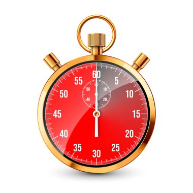 Gerçekçi klasik kronometre. Parlak altın metal kronometre, çevirmeli zaman sayacı. Kırmızı geri sayım zamanlayıcısı dakikaları ve saniyeleri gösteriyor. Spor için zaman ölçümü, başla, bitir. Vektör illüstrasyonu.