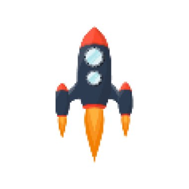 Piksel sanat roketi, ateşli patikaları, retro oyunları, uzay temalı tasarımları, uygulamaları veya animasyonları. Teknoloji, bilim kurgu ve fütüristik yaratıcı projeler için 8-bit stili. Vektör illüstrasyonu.