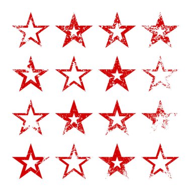 Kırık ve lekeli kırmızı klasik yıldızlar. Eski el yazısıyla çizilmiş, siyah basit bir şekil. Retro tasarım elementi sıkıntılı efekt, grunge doku. Vektör illüstrasyonu.