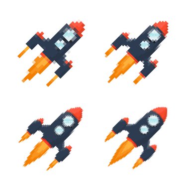 Piksel sanat roketi, ateşli patikaları, retro oyunları, uzay temalı tasarımları, uygulamaları veya animasyonları. Teknoloji, bilim kurgu ve fütüristik yaratıcı projeler için 8-bit stili. Vektör illüstrasyonu.