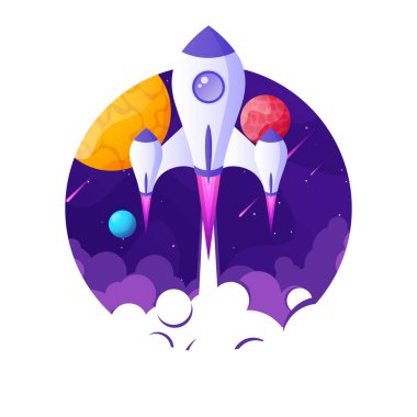 Roket fırlatma, gezegenler ve yıldızlarla dolu fütüristik uzay arkaplanı. Çizgi film yıldızgemisi, gece gökyüzünde uzay gemisi. Güneş sistemi, galaksi ve evren keşfi. Vektör illüstrasyonu.