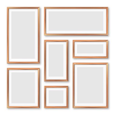 Gerçekçi boş tahta çerçeve koleksiyonu. Sanat, fotoğraf ya da reklam için modern poster modeli. Sanat galerileri, iç dekorasyon ve markalaşma için mükemmel. Vektör illüstrasyonu.