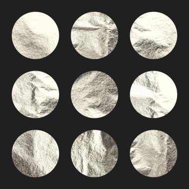 Gümüş folyo, parlak el yapımı daireler. Altın parıltılı doku, desen. Şatafatlı, parlak arka plan çizimi. Düğün, tebrik kartı dekorasyonu. Modern minimalist sanat. Vektör illüstrasyonu.