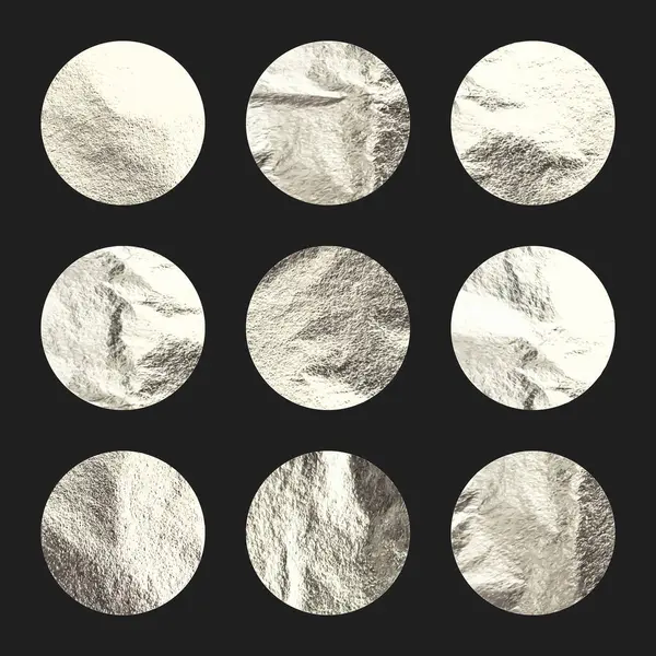 Gümüş folyo, parlak el yapımı daireler. Altın parıltılı doku, desen. Şatafatlı, parlak arka plan çizimi. Düğün, tebrik kartı dekorasyonu. Modern minimalist sanat. Vektör illüstrasyonu.