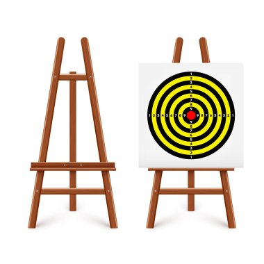 Ahşap sehpada atış poligonu. Kağıt hedef, bölümler, işaretler ve numaralar. Okçuluk, silah atışı ve eğitim, spor müsabakası, avcılık. Tam isabet ve nişan al. Vektör illüstrasyonu.