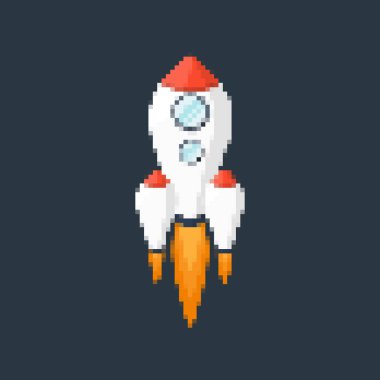 Piksel sanat roketi, ateşli patikaları, retro oyunları, uzay temalı tasarımları, uygulamaları veya animasyonları. Teknoloji, bilim kurgu ve fütüristik yaratıcı projeler için 8-bit stili. Vektör illüstrasyonu.