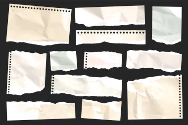 Yırtılmış kağıt şeritler. Yırtık kenarlı gerçekçi kağıt kırıntıları. Defter parçaları, kitap ya da eski gazete sayfaları. Son moda kolaj elementleri. Vektör illüstrasyonu.