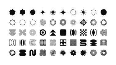 Acımasız geometrik şekiller, modern semboller. Basit ilkel elementler ve formlar. Retro tasarım, modern minimalist tarz, y2k. Vektör illüstrasyonu.
