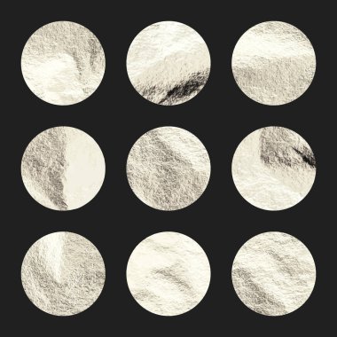 Gümüş folyo, parlak el yapımı daireler. Altın parıltılı doku, desen. Şatafatlı, parlak arka plan çizimi. Düğün, tebrik kartı dekorasyonu. Modern minimalist sanat. Vektör illüstrasyonu.