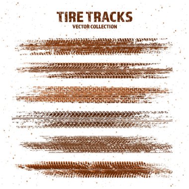 Çamur lekeli Grunge lastik izleri, kirli tekerlek fren izleri. Kamyon, araba ya da motosiklet lastiği siluetleri. Off-road, motor sporu ve yarış tasarımları için mükemmel. Vektör illüstrasyonu.
