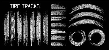 Grunge lastik izleri, tekerlek fren izleri. Kamyon, araba ya da motosiklet lastiği siluetleri. Araba yarışı, motor sporu, hız yarışı tasarım unsuru. Vektör illüstrasyonu.