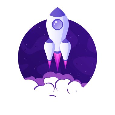 Roket fırlatma, gezegenler ve yıldızlarla dolu fütüristik uzay arkaplanı. Çizgi film yıldızgemisi, gece gökyüzünde uzay gemisi. Güneş sistemi, galaksi ve evren keşfi. Vektör illüstrasyonu.