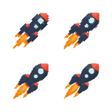 Pixel art rocket with fiery trails, retro games, space-themed designs, apps, or animations. 8-bit style for technology, sci-fi, and futuristic creative projects. Vector illustration. clipart