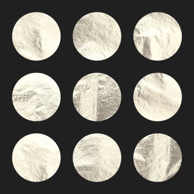 Gümüş folyo, parlak el yapımı daireler. Altın parıltılı doku, desen. Şatafatlı, parlak arka plan çizimi. Düğün, tebrik kartı dekorasyonu. Modern minimalist sanat. Vektör illüstrasyonu.