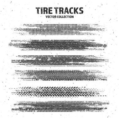 Çamur lekeli Grunge lastik izleri, kirli tekerlek fren izleri. Kamyon, araba ya da motosiklet lastiği siluetleri. Off-road, motor sporu ve yarış tasarımları için mükemmel. Vektör illüstrasyonu.