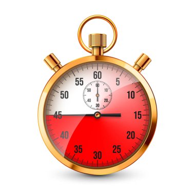 Gerçekçi klasik kronometre. Parlak altın metal kronometre, çevirmeli zaman sayacı. Kırmızı geri sayım zamanlayıcısı dakikaları ve saniyeleri gösteriyor. Spor için zaman ölçümü, başla, bitir. Vektör illüstrasyonu.