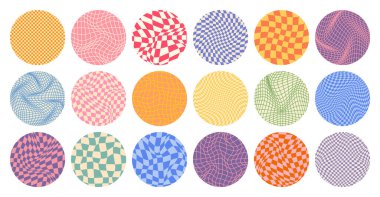 Dama desenli, yuvarlak renkli döşemeli. Klasik dalgalı eğimli arka plan, bozulma etkisi. Garip geometrik satranç tahtası dokusu, 90 'ların tarzında retro arka plan, y2k. Vektör illüstrasyonu.