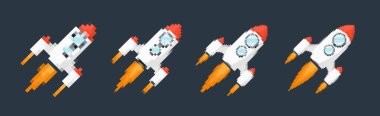 Piksel sanat roketi, ateşli patikaları, retro oyunları, uzay temalı tasarımları, uygulamaları veya animasyonları. Teknoloji, bilim kurgu ve fütüristik yaratıcı projeler için 8-bit stili. Vektör illüstrasyonu.