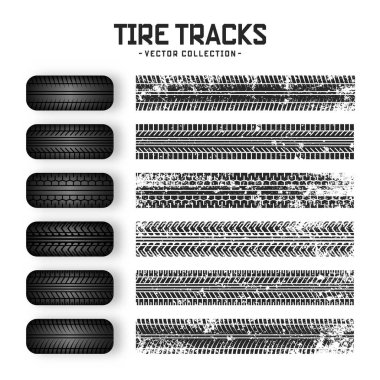Grunge lastik izleri, lastik tekerlekler ve fren izleri. Kamyon, araba ya da motosiklet lastiği siluetleri. Araba yarışları, motor sporları ve hız ile ilgili tasarımlar için mükemmel. Vektör illüstrasyonu.
