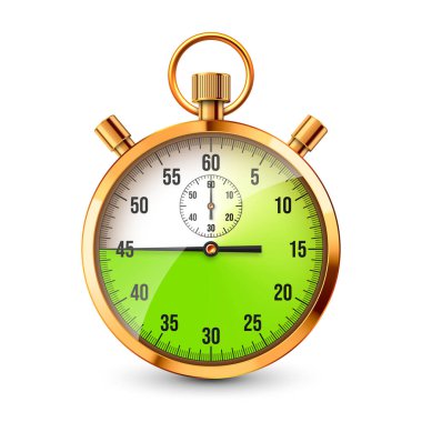 Gerçekçi klasik kronometre. Parlak altın metal kronometre, çevirmeli zaman sayacı. Geri sayım zamanı dakikaları ve saniyeleri gösteriyor. Spor için zaman ölçümü, başla, bitir. Vektör illüstrasyonu.