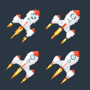 Piksel sanat roketi, ateşli patikaları, retro oyunları, uzay temalı tasarımları, uygulamaları veya animasyonları. Teknoloji, bilim kurgu ve fütüristik yaratıcı projeler için 8-bit stili. Vektör illüstrasyonu.