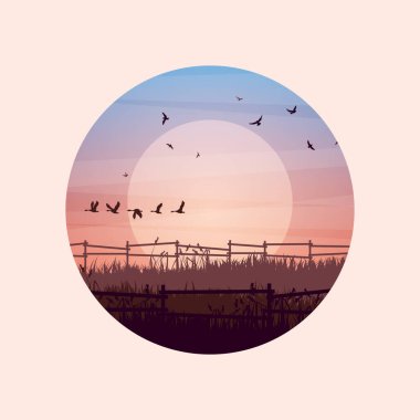 Çimenli ve eski ahşap çitli çayır siluetleri. Kırsal alan, panoramik yaz çimenliği kırsal alan otlar, yabani otlar. Tarım ve tarım. Doğada yaz günbatımı. Vektör illüstrasyonu.