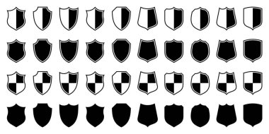 Çeşitli klasik kalkan simgeleri seti. Siyah hanedan kalkanları. Koruma ve güvenlik sembolü, etiket. Vektör illüstrasyonu