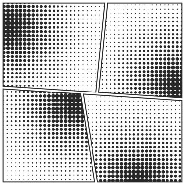 Çizgi film özgeçmişi ayarlandı. Yarım ton unsurlu siyah beyaz çizgi roman posteri. Retro Pop Art tarzı. Vektör illüstrasyonu.