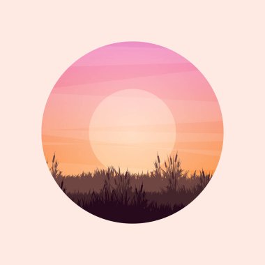 Çimenli ve eski ahşap çitli çayır siluetleri. Kırsal alan, panoramik yaz çimenliği kırsal alan otlar, yabani otlar. Tarım ve tarım. Doğada yaz günbatımı. Vektör illüstrasyonu.