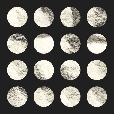 Gümüş folyo, parlak el yapımı daireler. Altın parıltılı doku, desen. Şatafatlı, parlak arka plan çizimi. Düğün, tebrik kartı dekorasyonu. Modern minimalist sanat. Vektör illüstrasyonu.