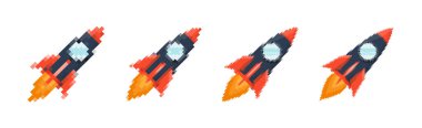 Piksel sanat roketi, ateşli patikaları, retro oyunları, uzay temalı tasarımları, uygulamaları veya animasyonları. Teknoloji, bilim kurgu ve fütüristik yaratıcı projeler için 8-bit stili. Vektör illüstrasyonu.