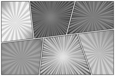 Çizgi roman siyah ve beyaz çizgi çizgiler koleksiyonu. Hareket ve hız çizgileri olan çizgi film arkaplanı. Retro Pop Art tarzı. Vektör illüstrasyonu.